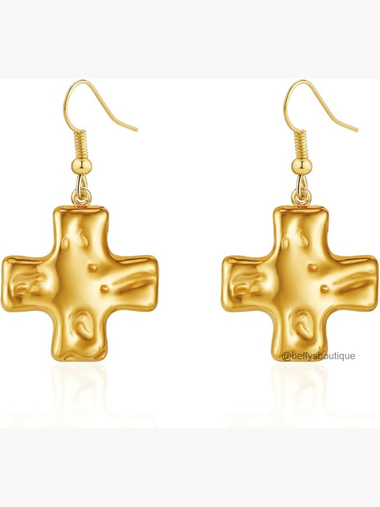 Chunky Hammered Cross Drop Dangle Earrings Christian Faith Statement